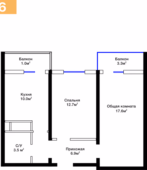 Планировка: 2-комнатная квартира 55 м²