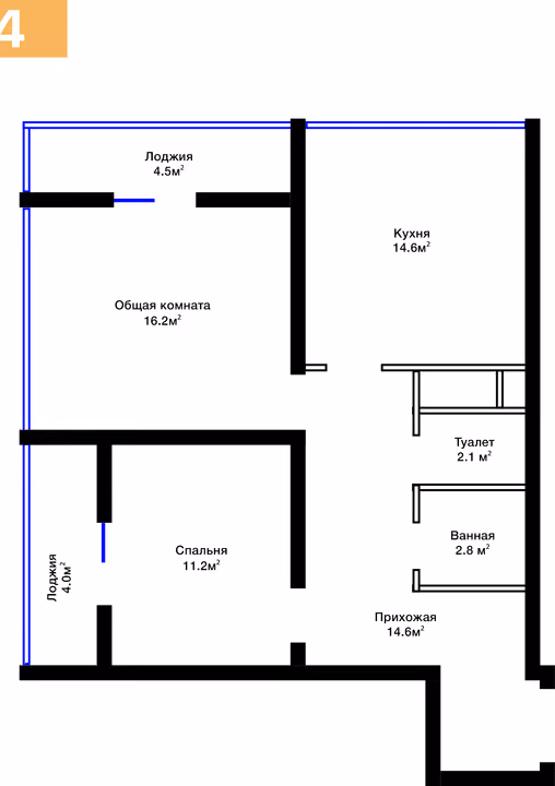 Планировка: 2-комнатная квартира 70 м²