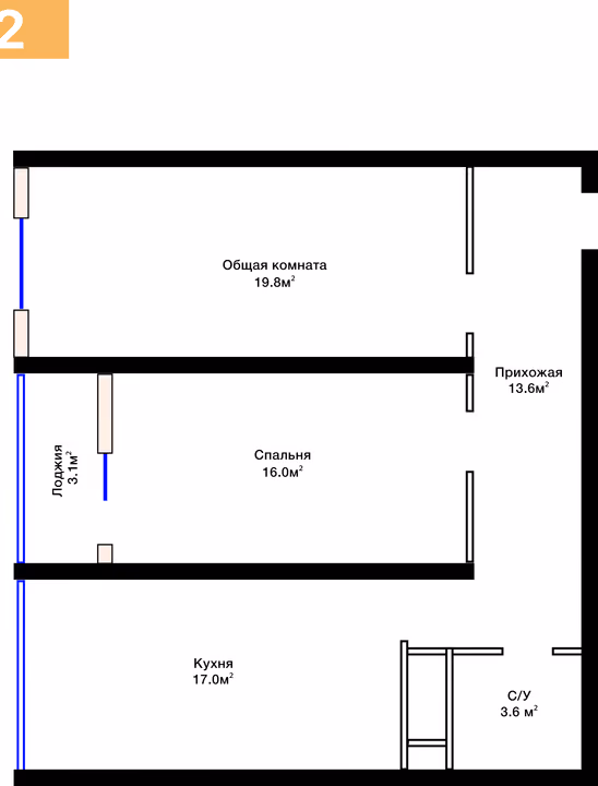 Планировка: 2-комнатная квартира 73,1 м²