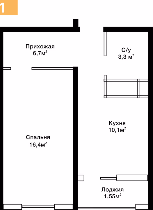 Планировка: 1-комнатная квартира 38,05 м²