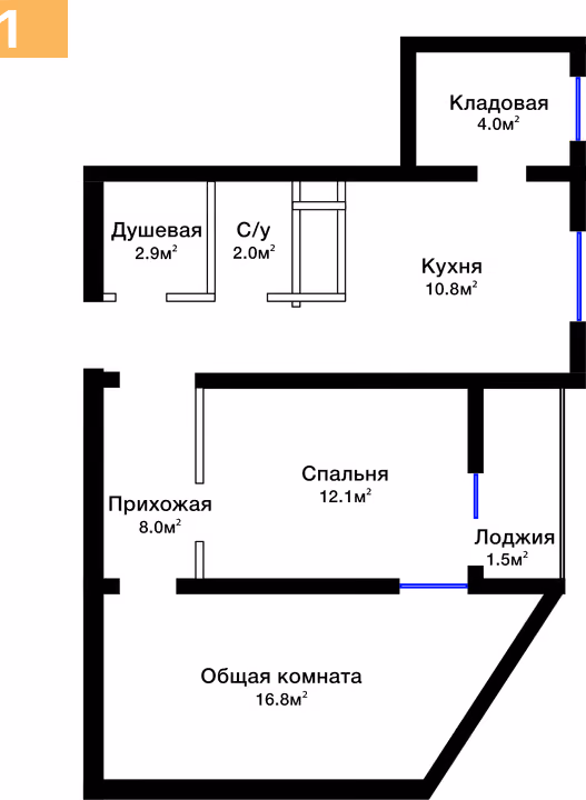 Планировка: 2-комнатная квартира 58,1 м²