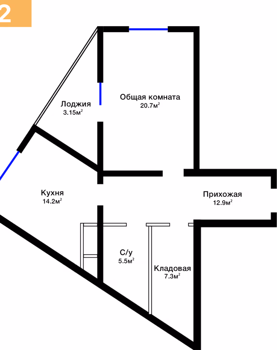 Планировка: 1-комнатная квартира 63,75 м²