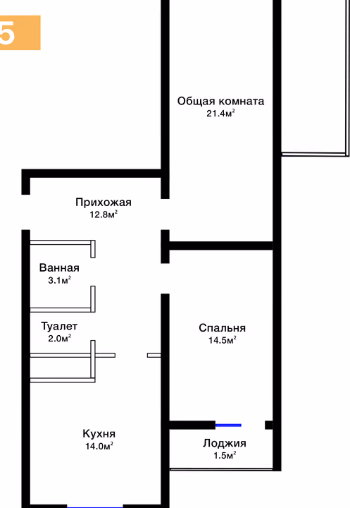 Планировка: 2-комнатная квартира 72,4 м²